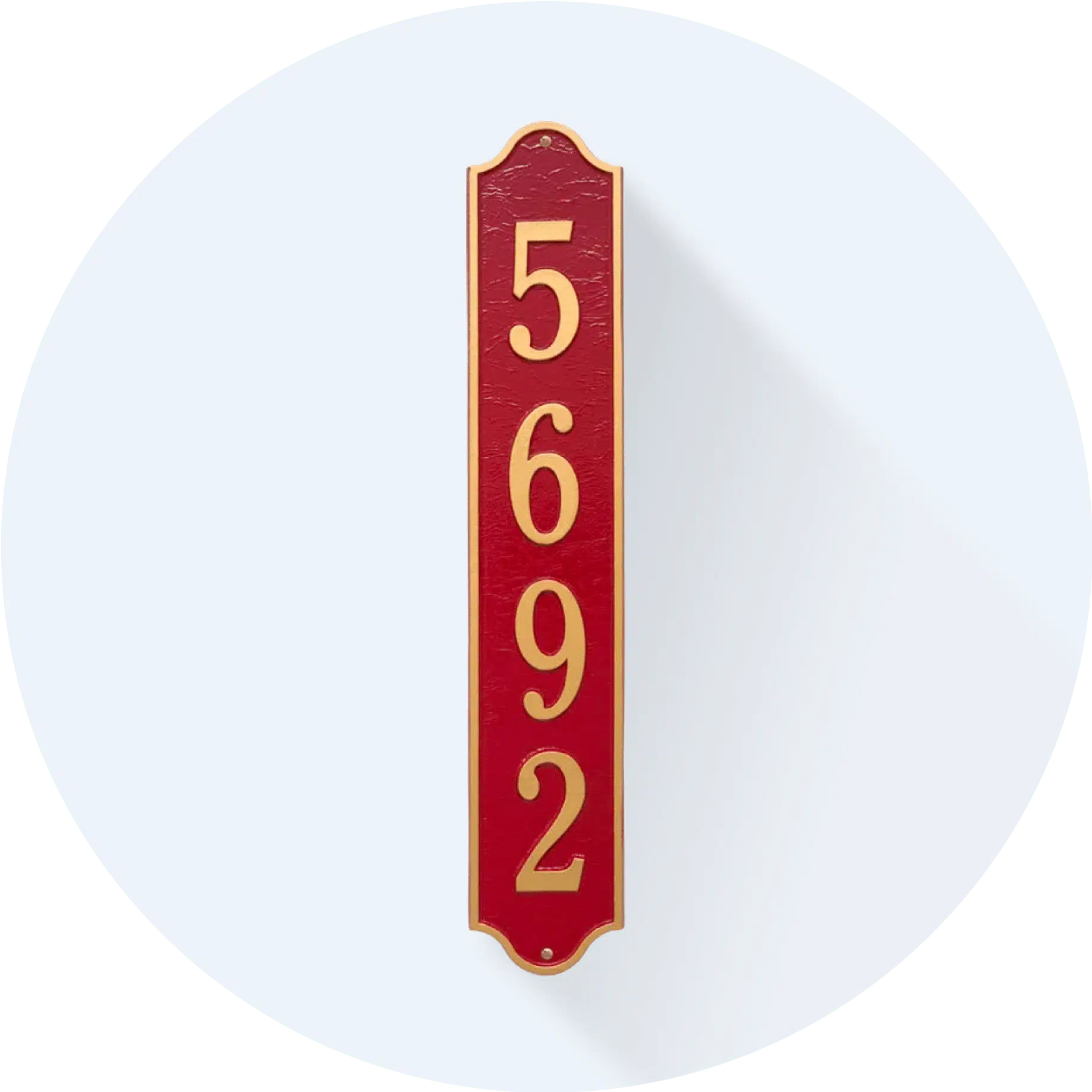 vertical copper house number in red