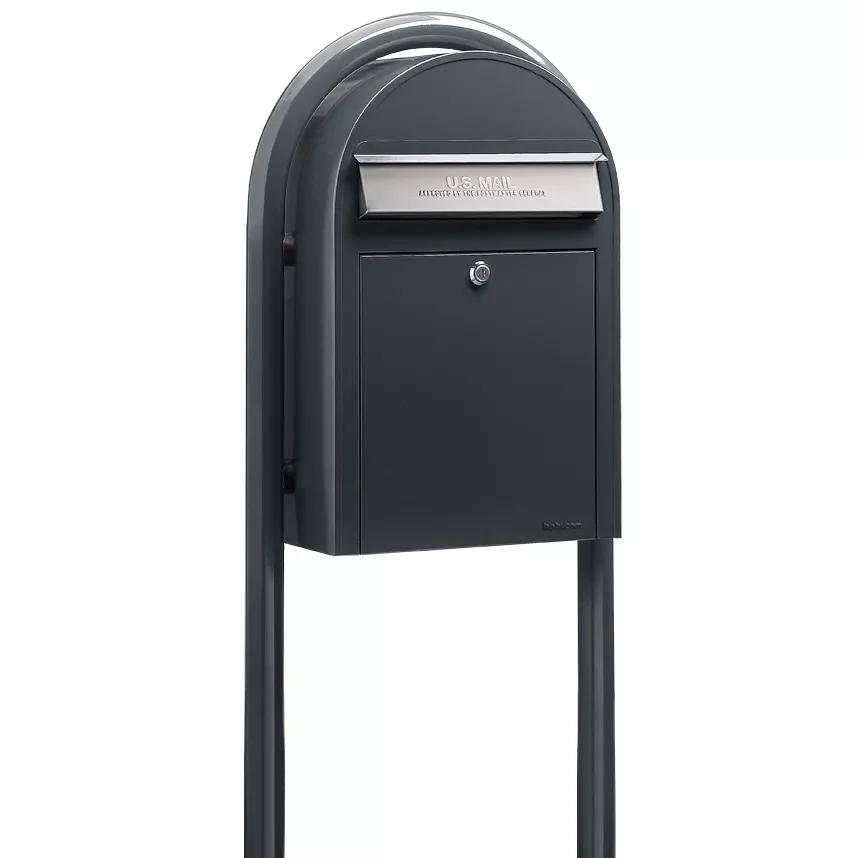 Bobi Classic Front Access Modern Locking Grey Mailbox with Stainless Steel Mail Slot and Round Grey Post Combo Product Image