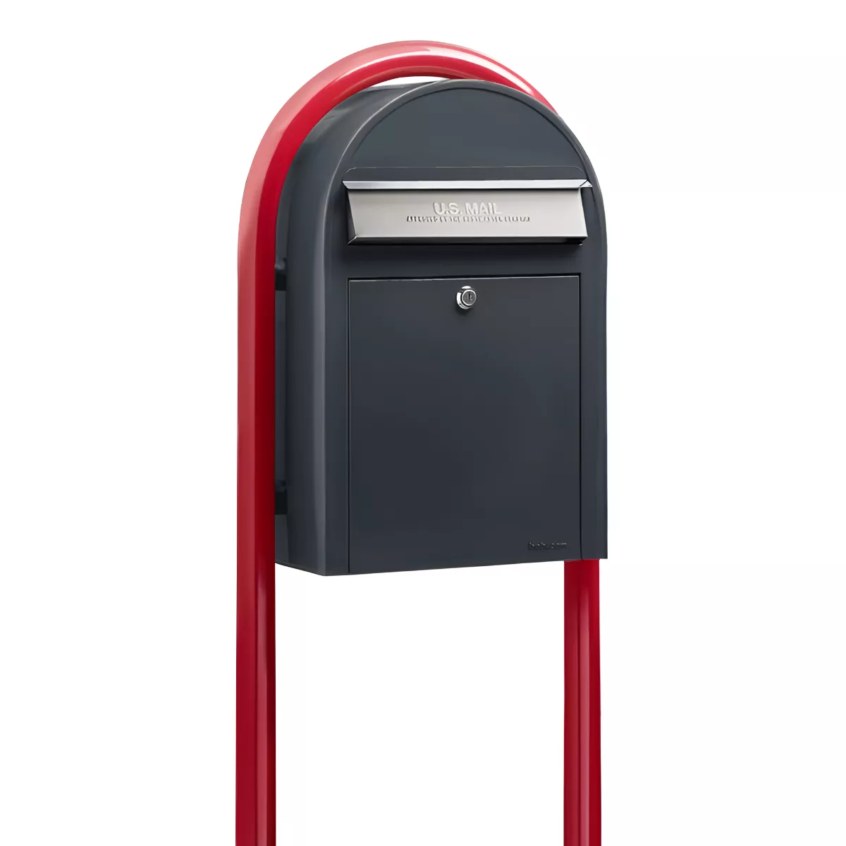 Bobi Classic Front Access Modern Locking Grey Mailbox with Stainless Steel Mail Slot and Round Red Post Combo Product Image
