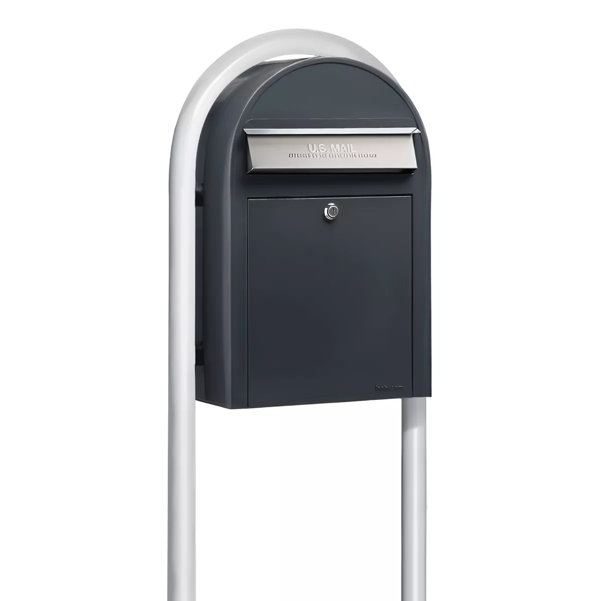 Bobi Classic Front Access Modern Locking Grey Mailbox with Stainless Steel Mail Slot and Round White Post Combo Product Image