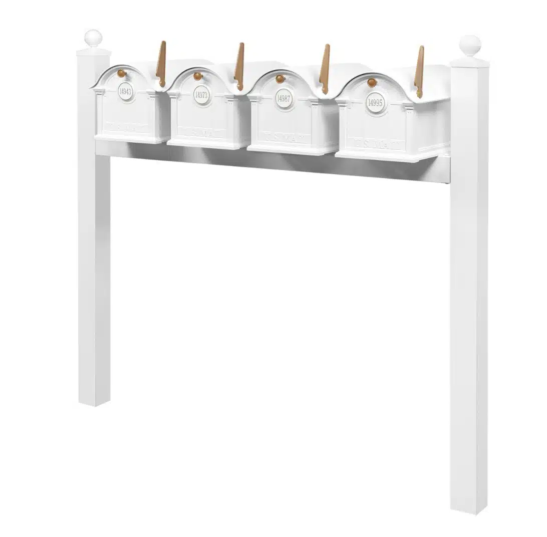 Balmoral Quad Mount Mailbox Set with Personalized Door Medallions & Ball Finials – Available in Black, Bronze, and White Product Image