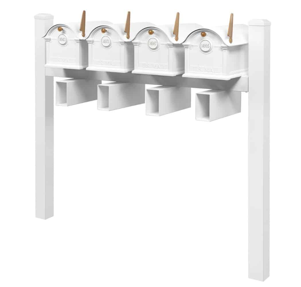 Balmoral Quad Mount Mailbox Set with Personalized Door Medallions, Newspaper Holders & Cap Finials – Available in Black, Bronze, and White Product Image