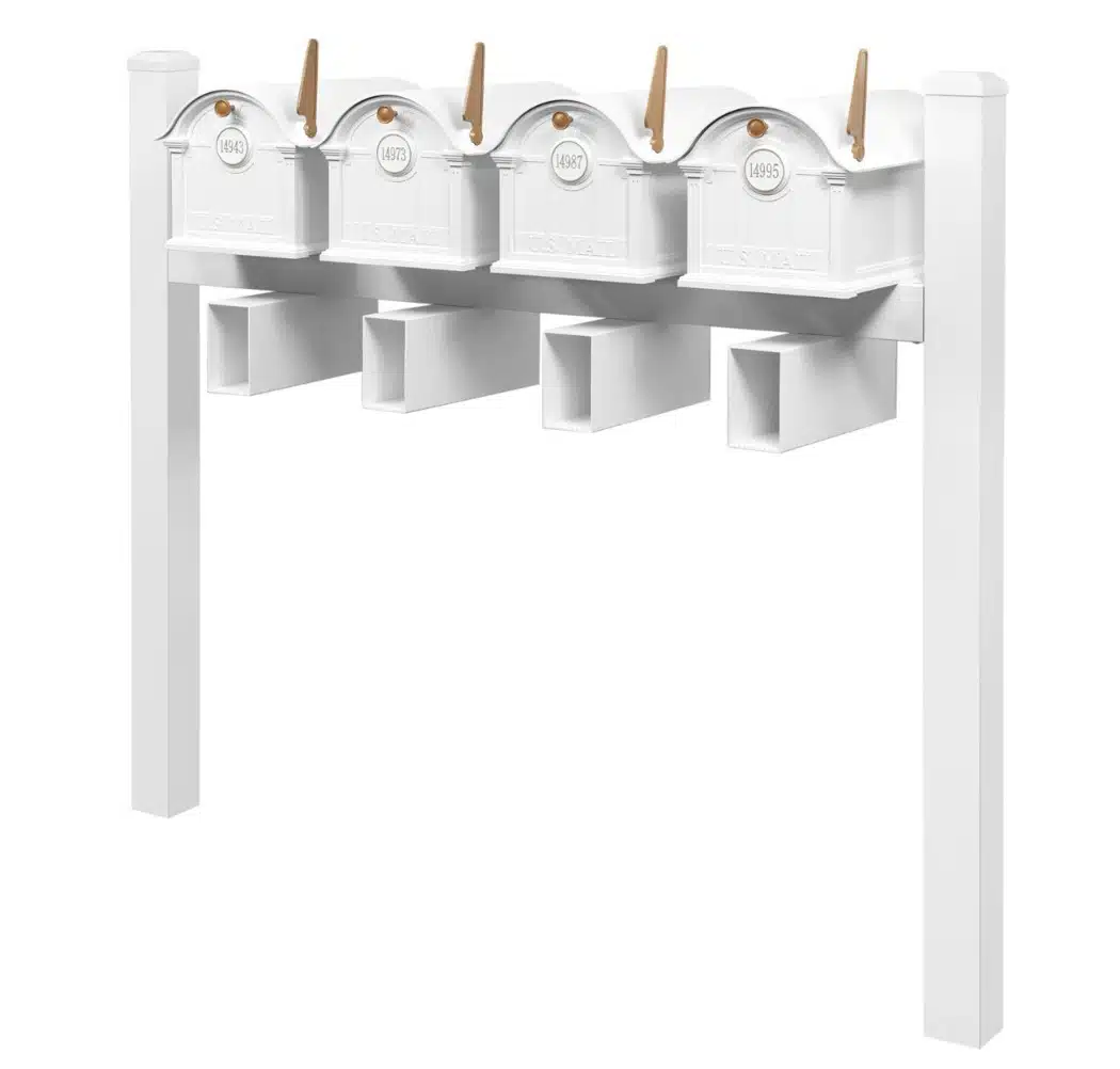 Balmoral Quad Mount Mailbox Set with Personalized Door Medallions, Newspaper Holders & Cap Finials – Available in Black, Bronze, and White Product Image