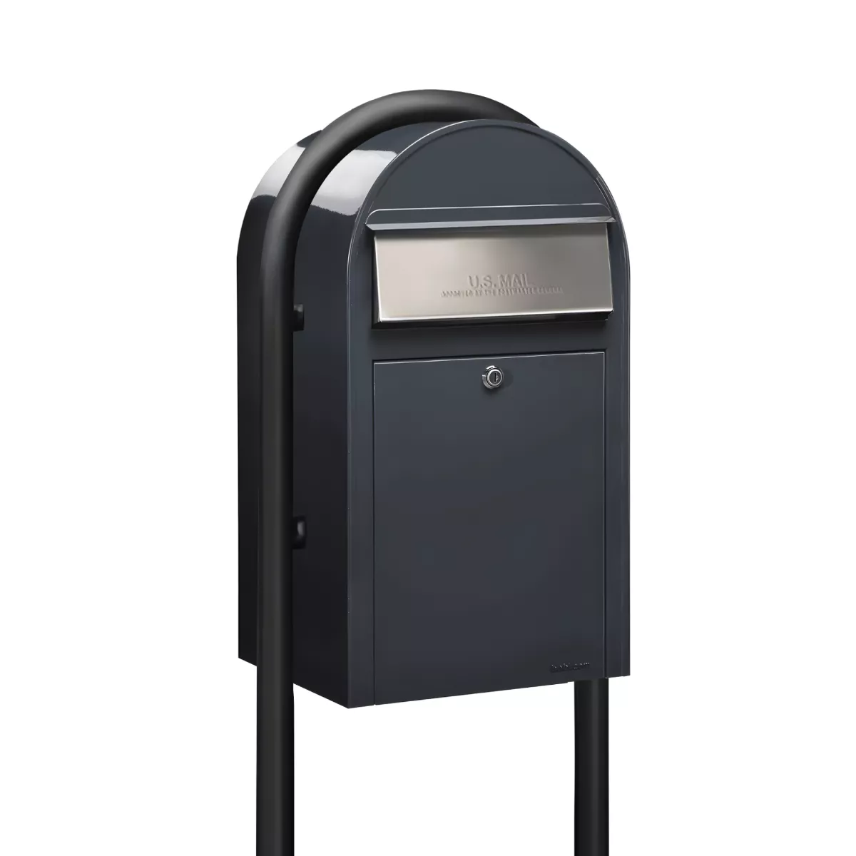 USPS Approved Bobi Grande Front Access Modern Locking Grey Mailbox with Stainless Steel Mail Slot and Round Black Post Combo Product Image