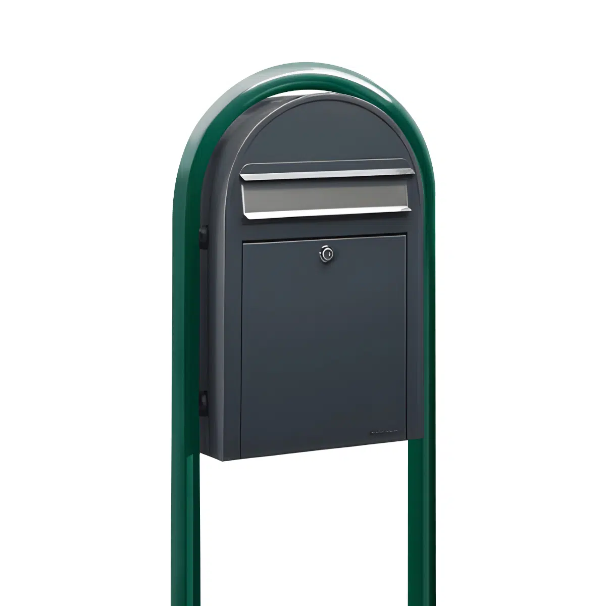 Bobi Classic Slim Front Access Modern Locking Grey Mailbox with Stainless Steel Mail Slot and Round Green Post Combo Product Image