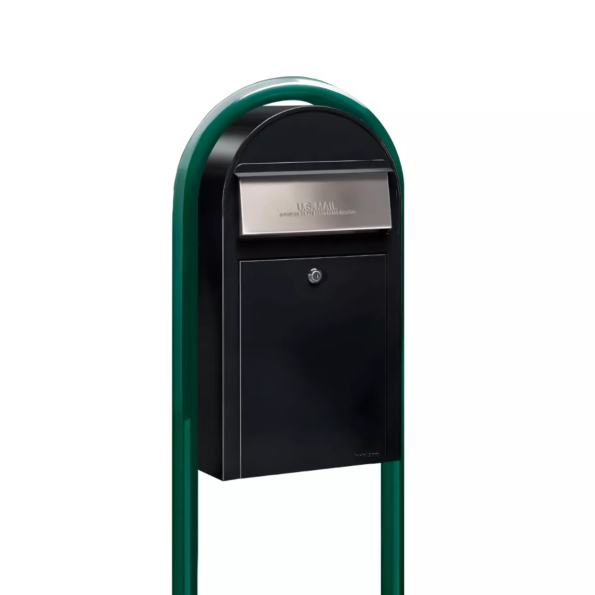 USPS Approved Bobi Grande Slim Front Access Modern Locking Black Mailbox with Stainless Steel Mail Slot and Round Green Post Combo Product Image