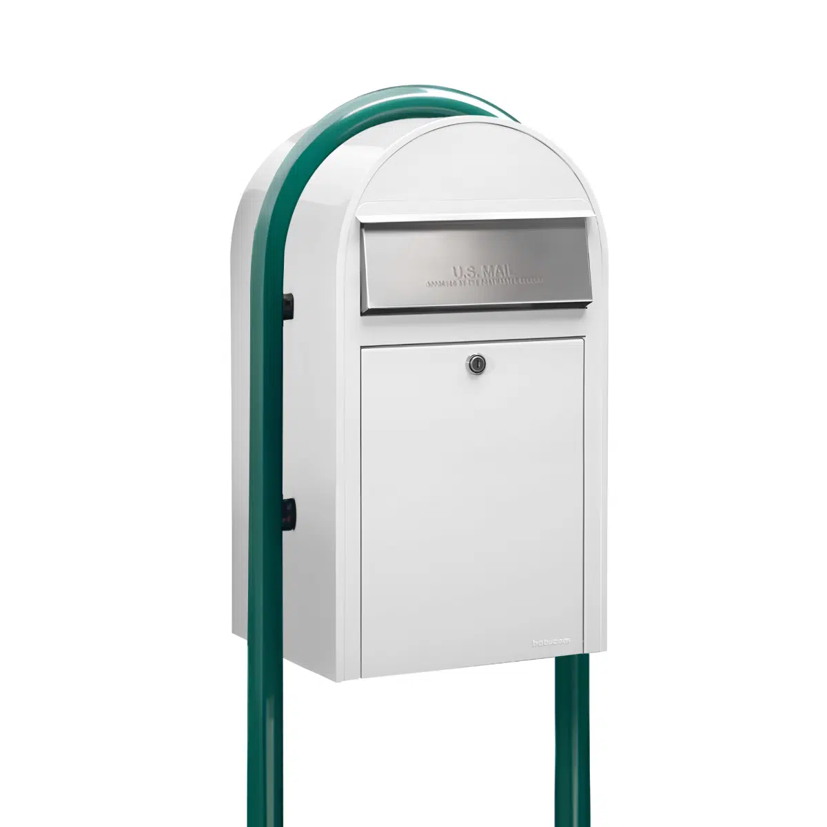 USPS Approved Bobi Grande Front Access Modern Locking White Mailbox with Stainless Steel Mail Slot and Round Green Post Combo Product Image