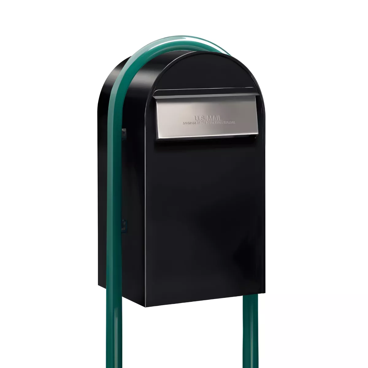 USPS Approved Bobi Grande B Rear Access Modern Locking Black Mailbox with Round Green Post Combo – Stainless Steel Mail Slot – Secure Small Parcel Delivery Product Image