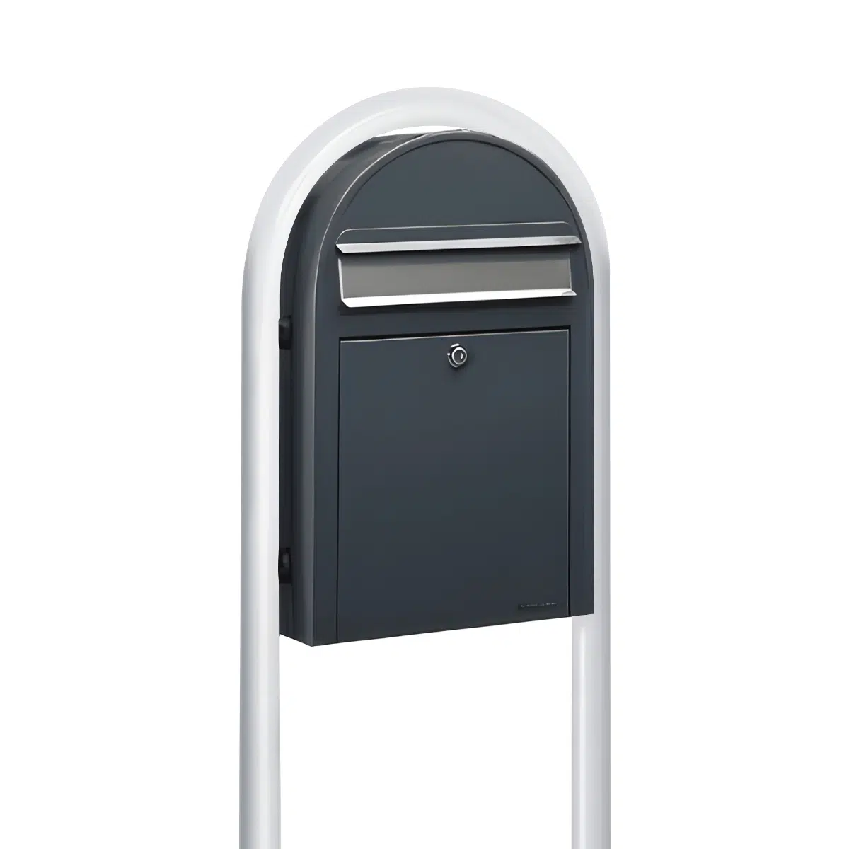 Bobi Classic Slim Front Access Modern Locking Grey Mailbox with Stainless Steel Mail Slot and Round White Post Combo Product Image