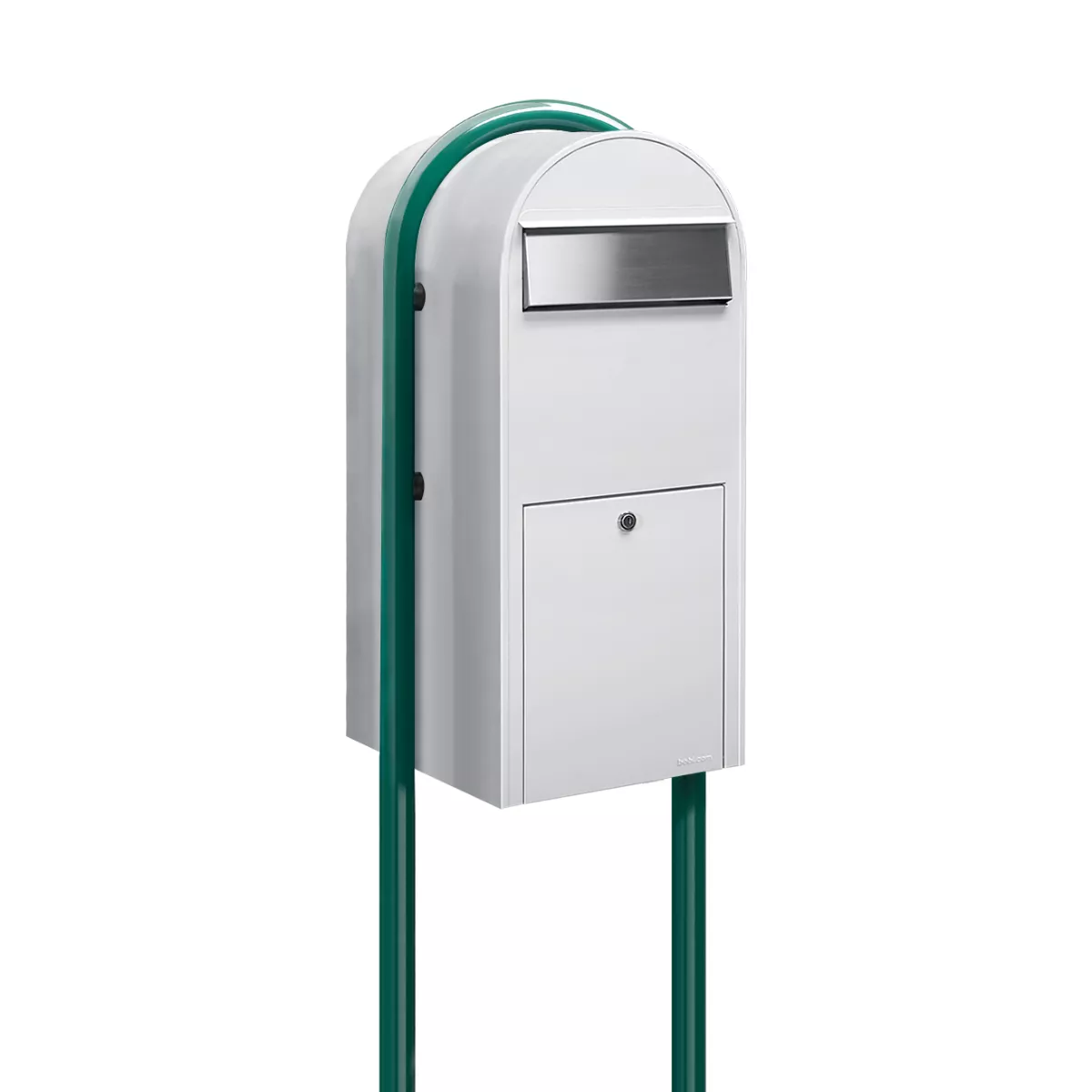 Bobi Jumbo Front Access Package White Mailbox with Stainless Steel Mail Slot and Round Green Post Combo Product Image