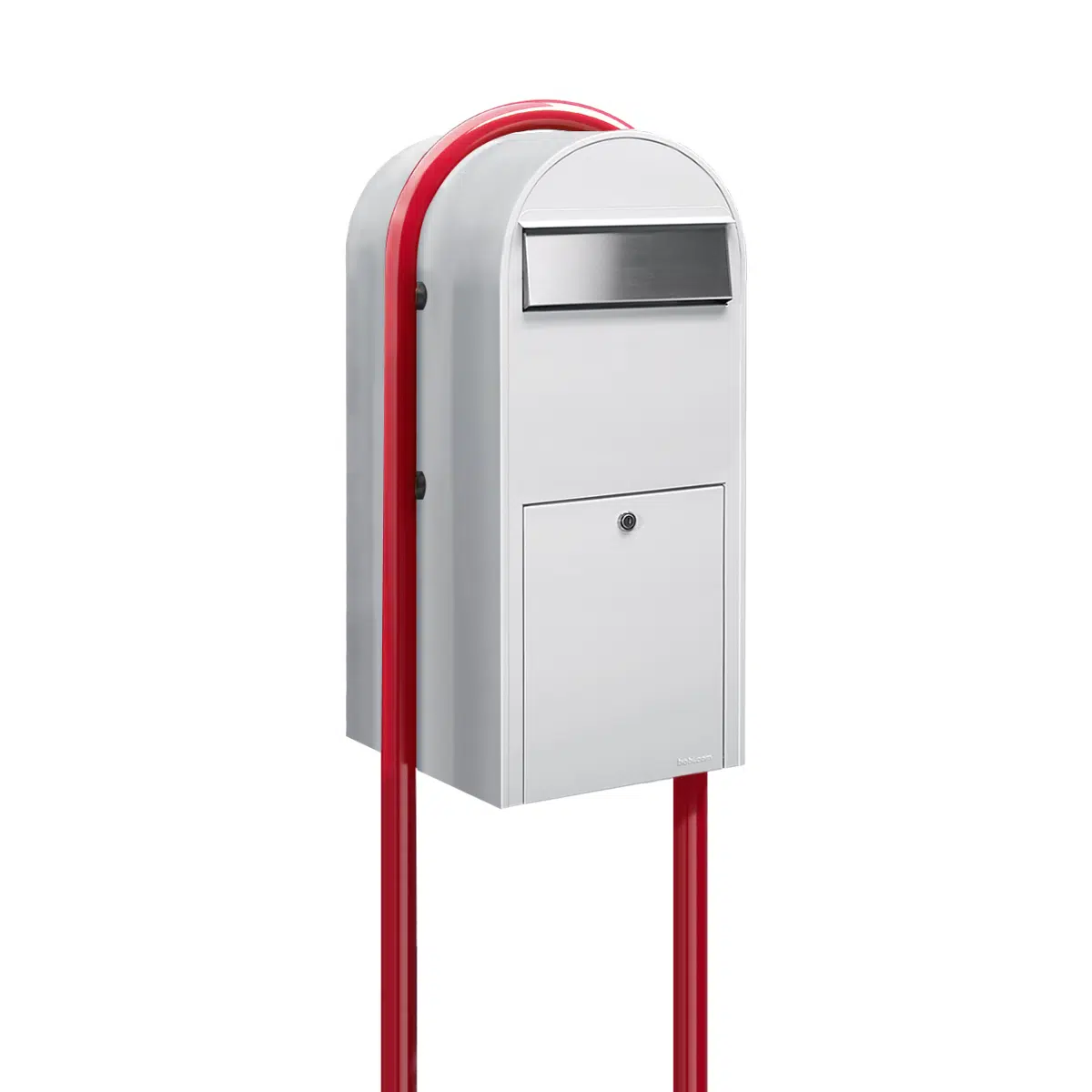Bobi Jumbo Front Access Package White Mailbox with Stainless Steel Mail Slot and Round Red Post Combo Product Image