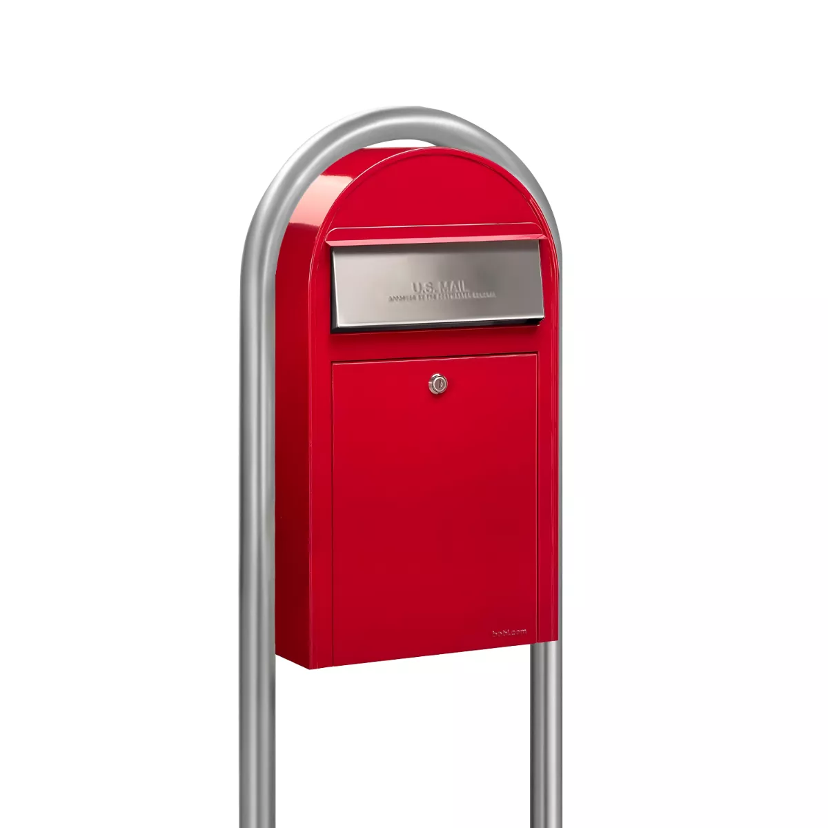 USPS Approved Bobi Grande Slim Front Access Modern Locking Red Mailbox with Stainless Steel Mail Slot and Round Zinc Post Combo Product Image