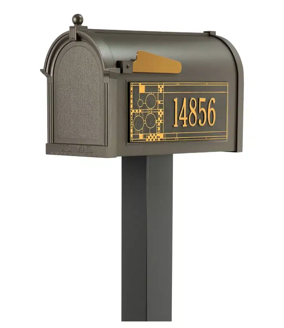 Whitehall Premium Mailbox Frank Lloyd Wright Coonley Package #2 (Capitol Mailbox, Standard Post, Personalized Coonley Side Plaques) Product Image